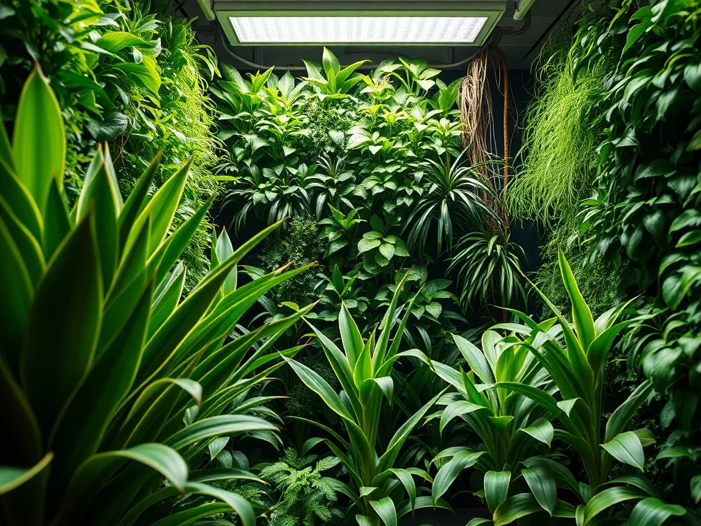 Lush green indoor wall of plants, sansevieria and chlorophyt