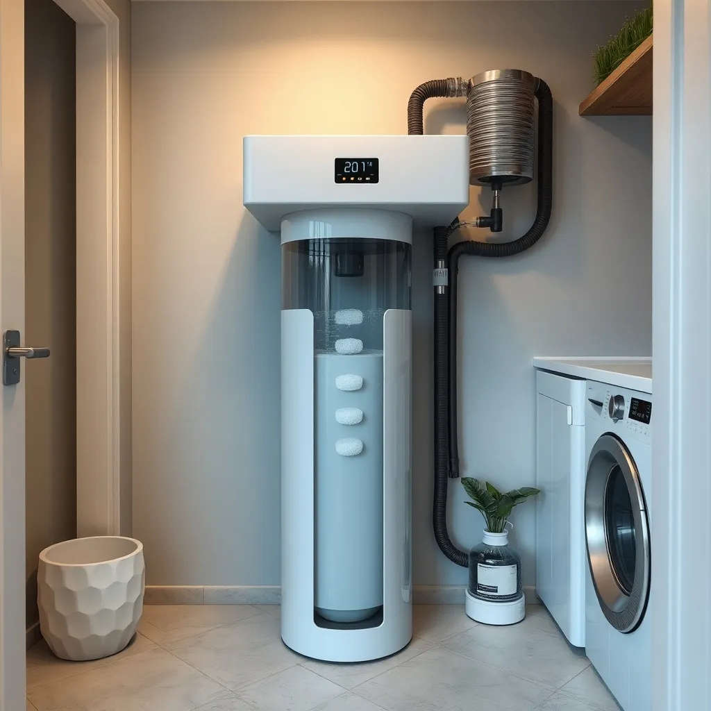 Compact modern greywater recycling unit in a utility room, d
