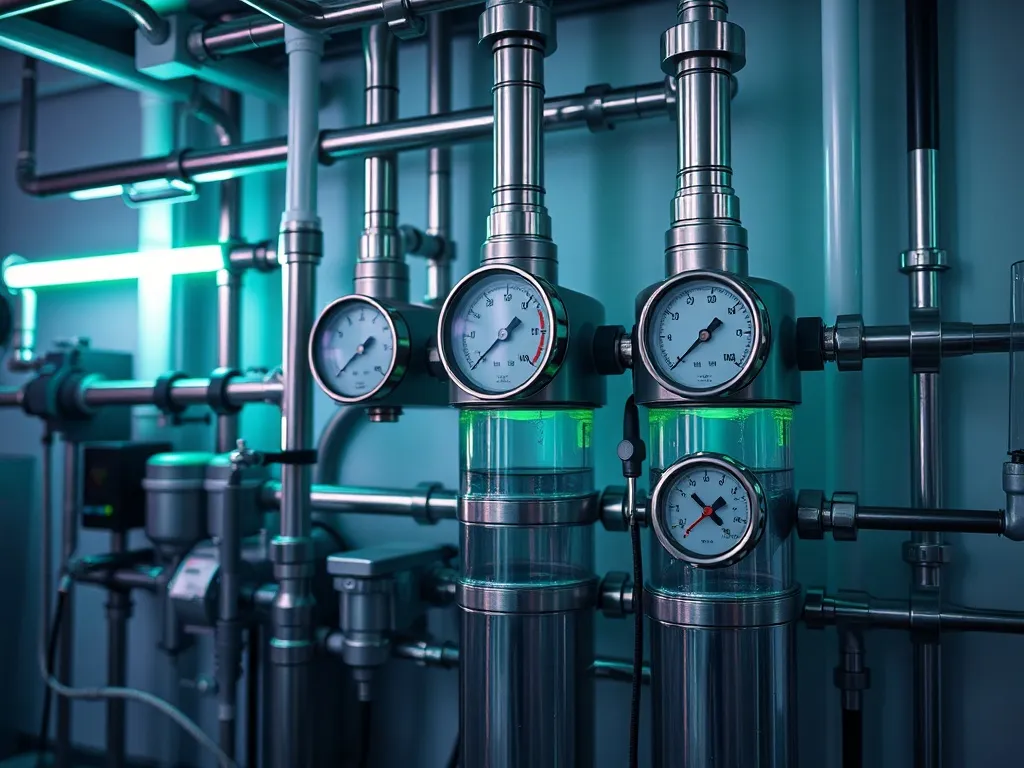 High-tech industrial water filtration system with pipes and